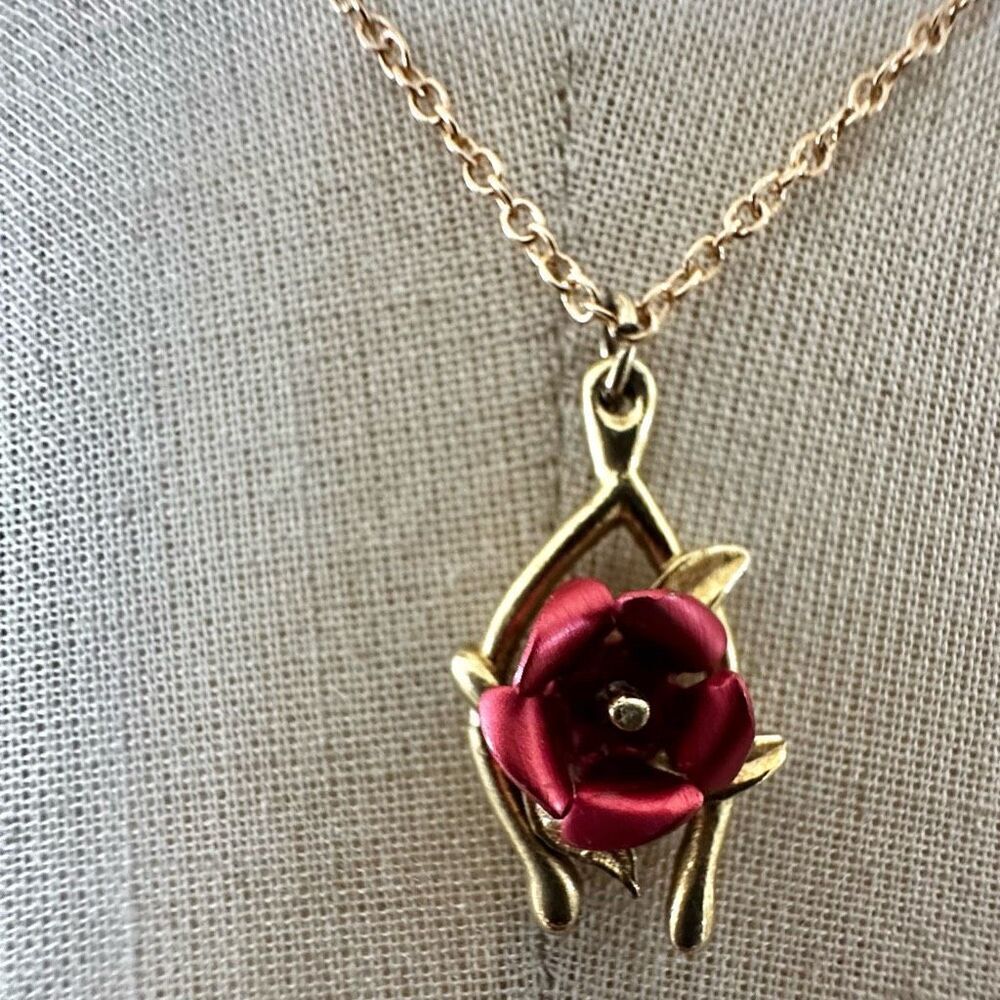 Vintage Gold-Tone Wishbone Red Rose Pendant Necklace
